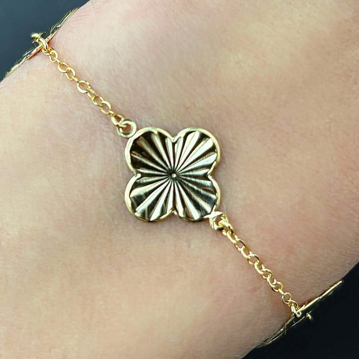 14K Yellow Gold Textured Clover Bracelet (Solid Links) 6.5" - 7.25" Adjustable - WJD Exclusives