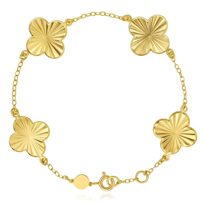 14K Yellow Gold Textured Clover Bracelet (Solid Links) 6.5" - 7.25" Adjustable - WJD Exclusives