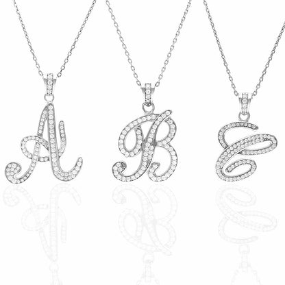 925 Sterling Silver Single Script Initial Cubic Zirconia Pendant Necklace 18"