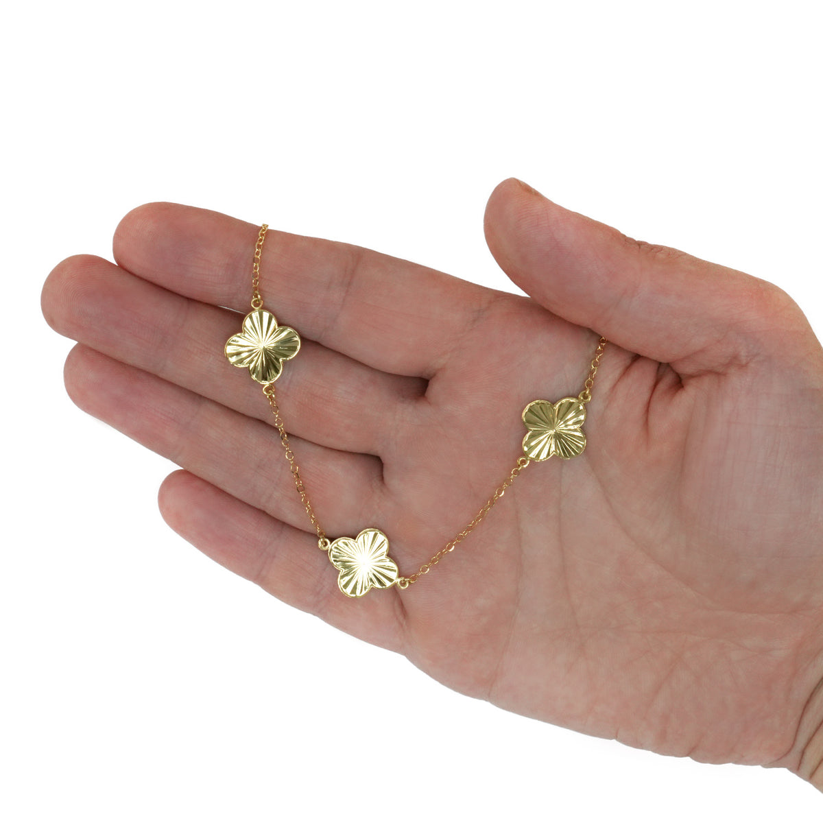 14K Yellow Gold Diamond-Cut Clover Station Necklace (Solid Links) 16"-18" Adjustable