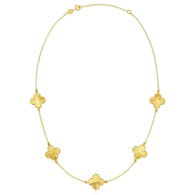 14K Yellow Gold Diamond - Cut Clover Station Necklace (Solid Links) 16" - 18" Adjustable - WJD Exclusives