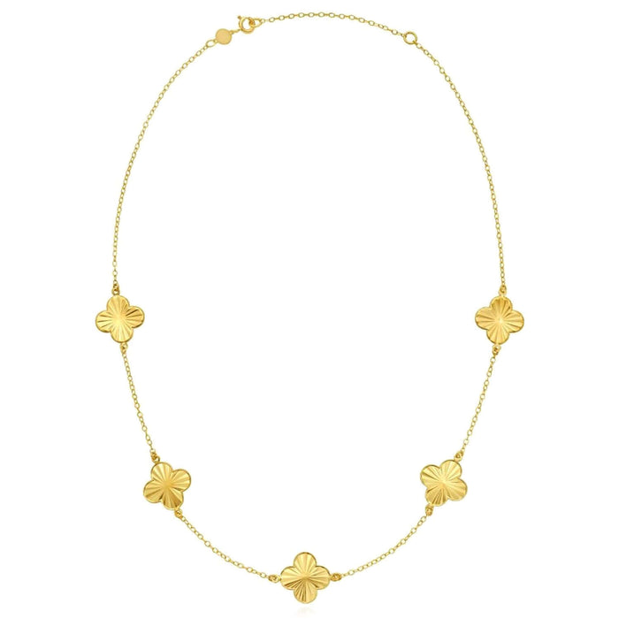 14K Yellow Gold Diamond - Cut Clover Station Necklace (Solid Links) 16" - 18" Adjustable - WJD Exclusives