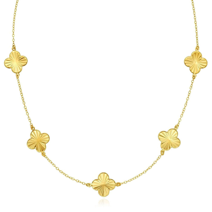 14K Yellow Gold Diamond - Cut Clover Station Necklace (Solid Links) 16" - 18" Adjustable - WJD Exclusives