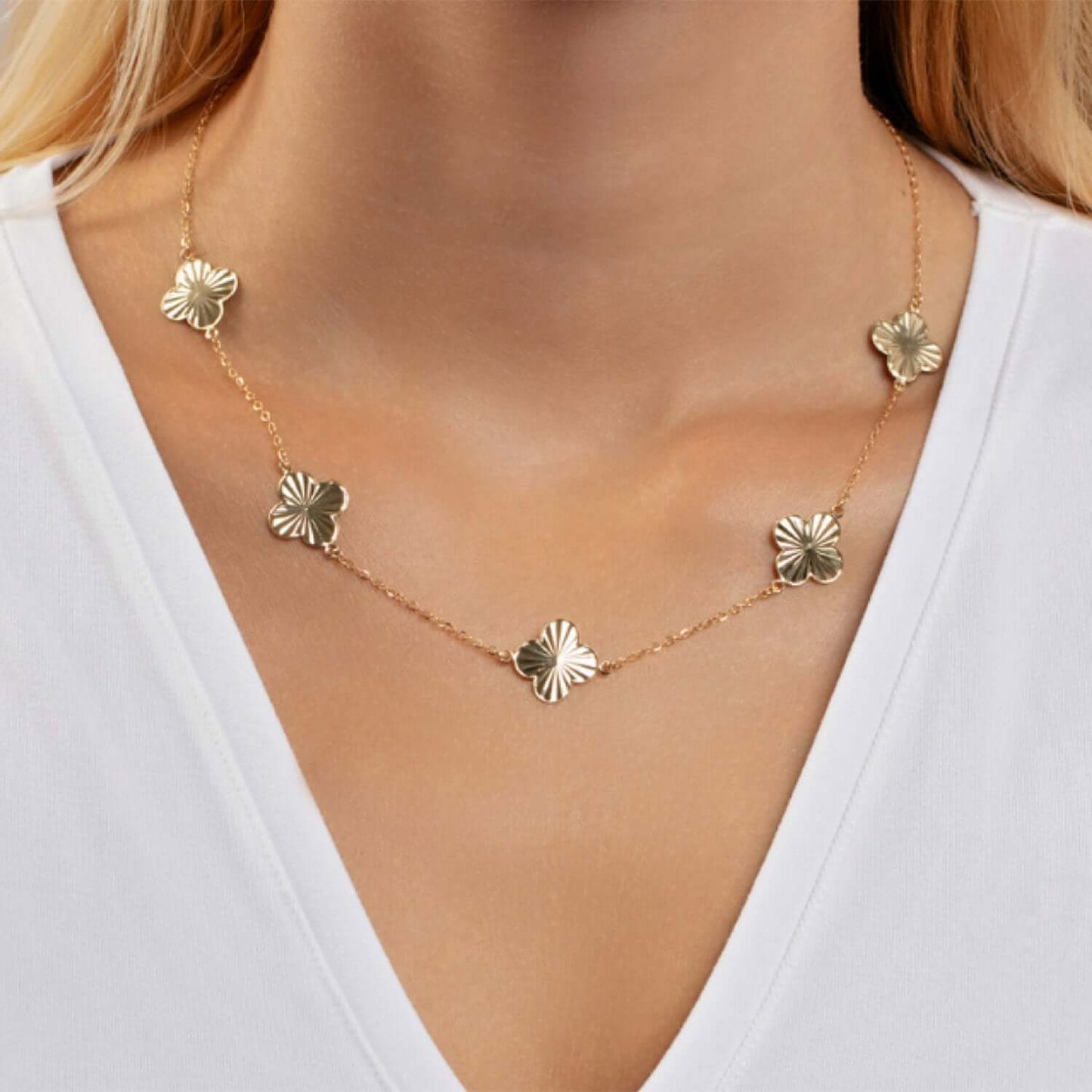 Real 14K Gold Diamond Cut Clover Station Adjustable Necklace 16"-18"