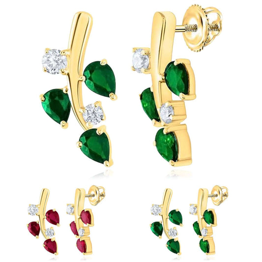 1.20CTW Real Diamond & Natural Ruby Emerald 14K Real Gold Leaf Stud Earrings 16mm