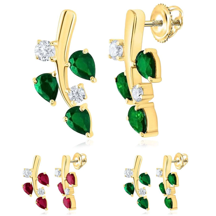1.20CTW Natural Diamond & Natural Ruby Emerald 14K Gold Leaf Stud Earrings 16mm - WJD Exclusives