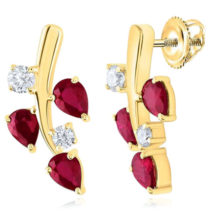 1.20CTW Real Diamond & Natural Ruby Emerald 14K Real Gold Leaf Stud Earrings 16mm