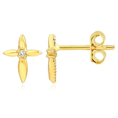Real 14K Gold 0.02CTW Real Diamond Cross Stud Earrings 8mm