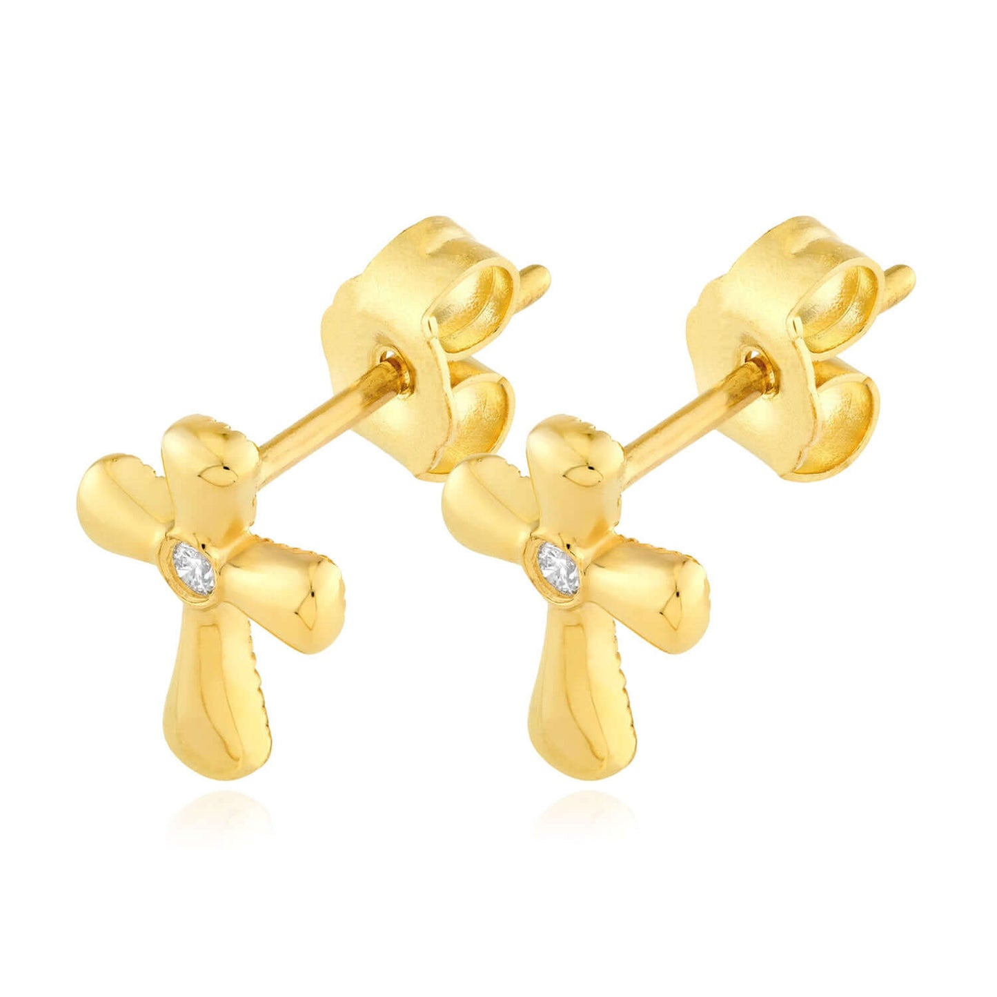 Real 14K Gold 0.03CTW Real Diamond Cross Stud Earrings 11mm