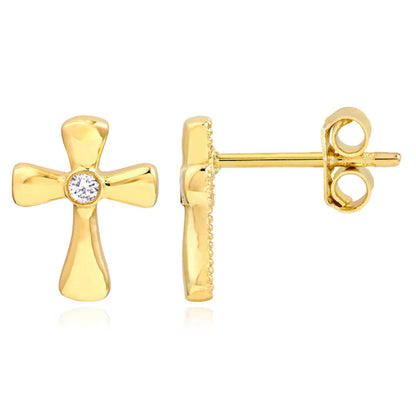 Real 14K Gold 0.03CTW Real Diamond Cross Stud Earrings 11mm