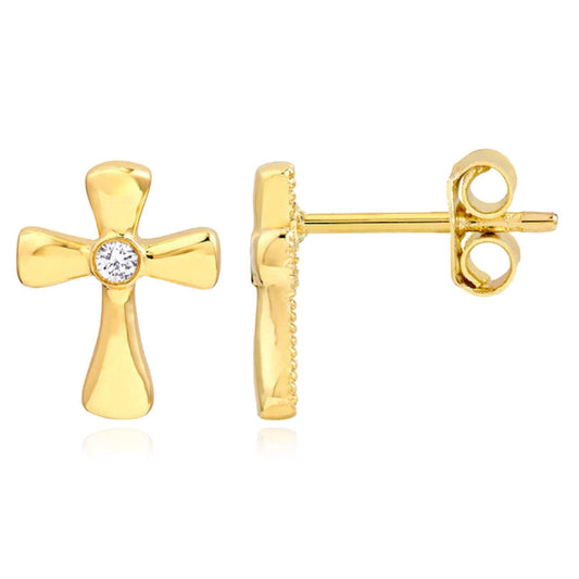 Real 14K Gold 0.03CTW Real Diamond Cross Stud Earrings 11mm