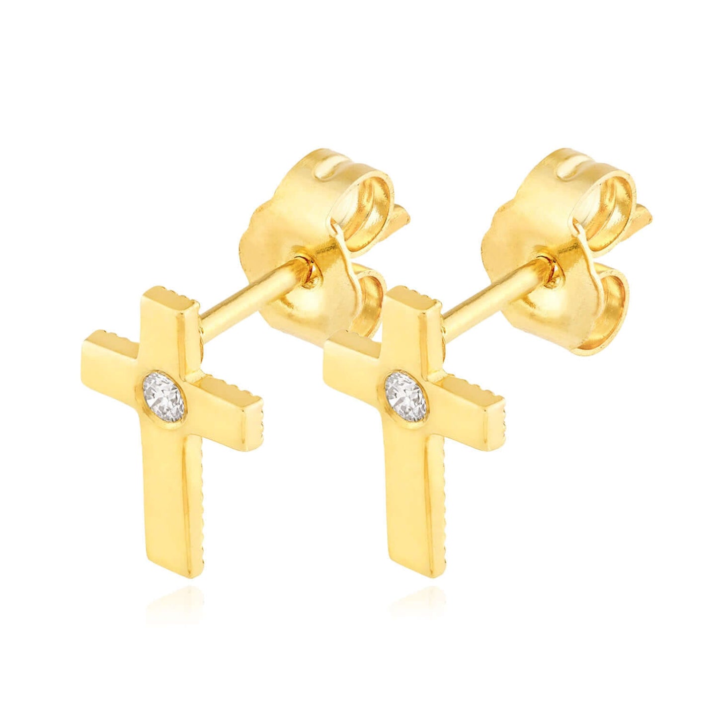 Real 14K Gold 0.04CTW Real Diamond Cross Stud Earrings 11mm
