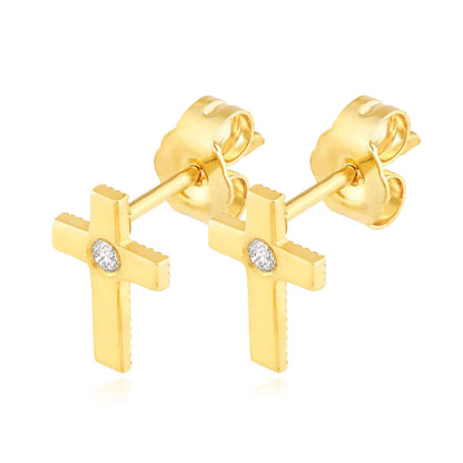 Real 14K Gold 0.04CTW Real Diamond Cross Stud Earrings 11mm