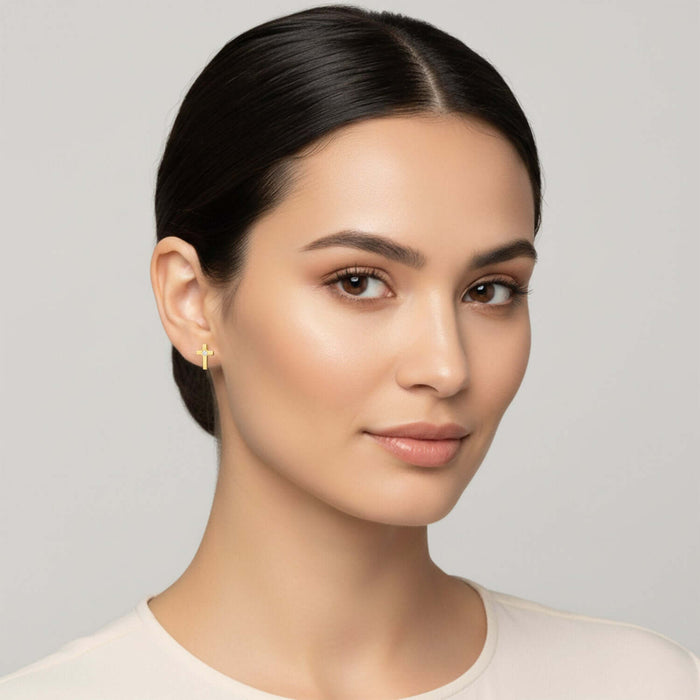 Real 14K Gold 0.04CTW Natural Diamond Cross Stud Earrings 11mm - WJD Exclusives