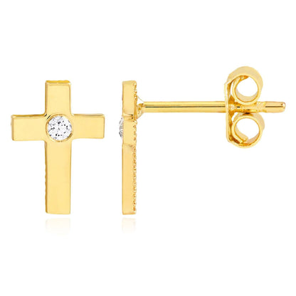Real 14K Gold 0.04CTW Real Diamond Cross Stud Earrings 11mm