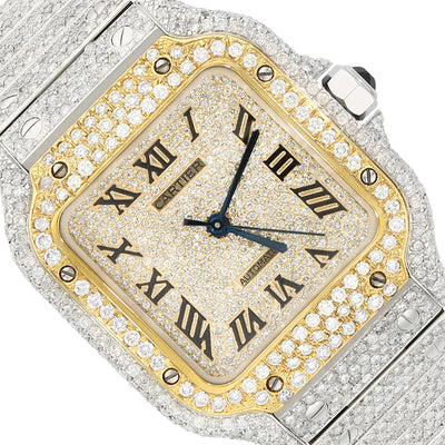 NEW Cartier Santos 35mm Medium Model Auto SS Watch w/ Aftermarket 12.5CTW Diamond Bezel Dial
