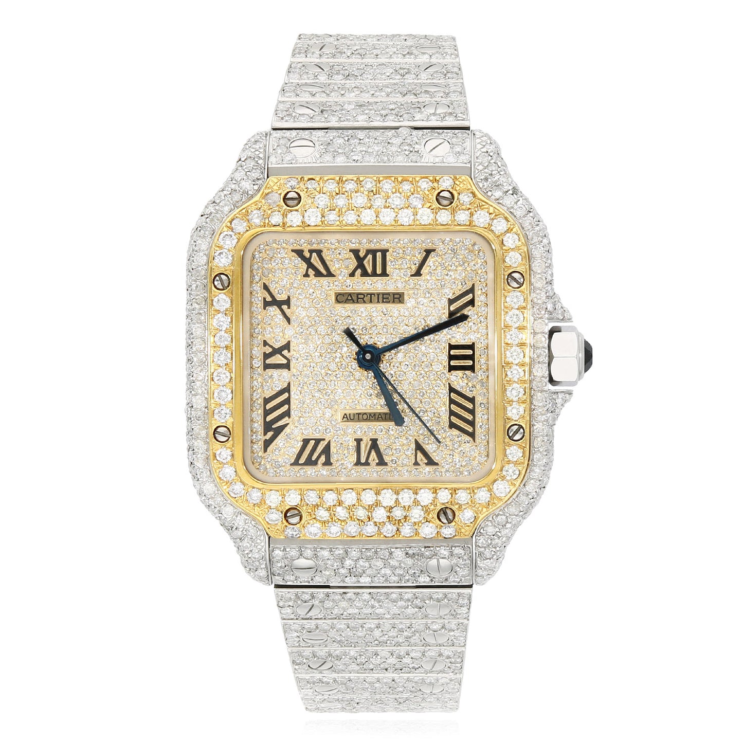 Cartier Santos 40mm Automatic Watch 12CTW Real Diamond Custom Full Pave Roman Dial