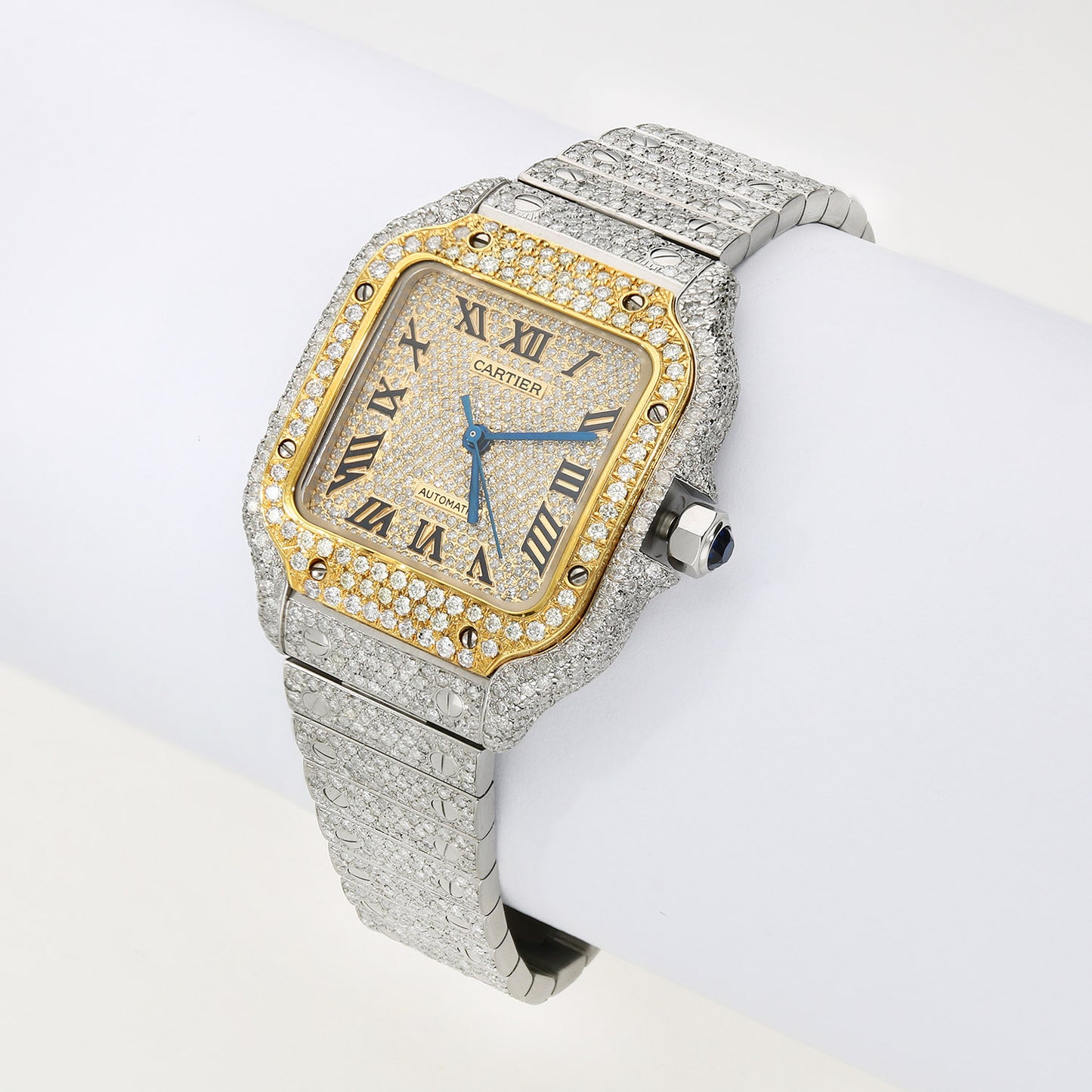 Cartier Santos 40mm Automatic Watch 12CTW Real Diamond Custom Full Pave Roman Dial