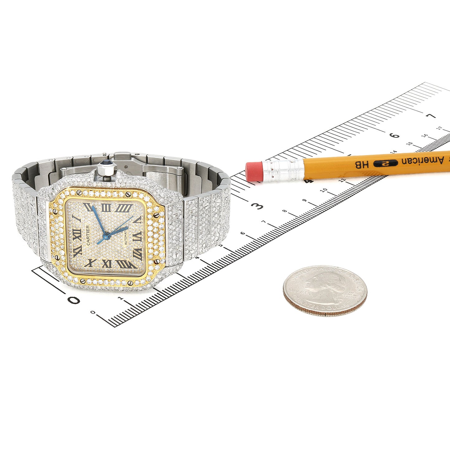 Cartier Santos 40mm Automatic Watch 12CTW Real Diamond Custom Full Pave Roman Dial