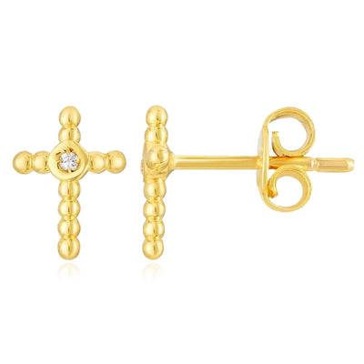 Real 0.01CTW Diamond 14K Gold Popcorn Cross Stud Earrings 9mm - WJD Exclusives