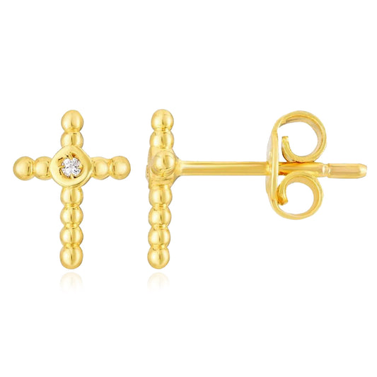 Real 0.01CTW Diamond 14K Real Gold Popcorn Cross Stud Earrings 9mm