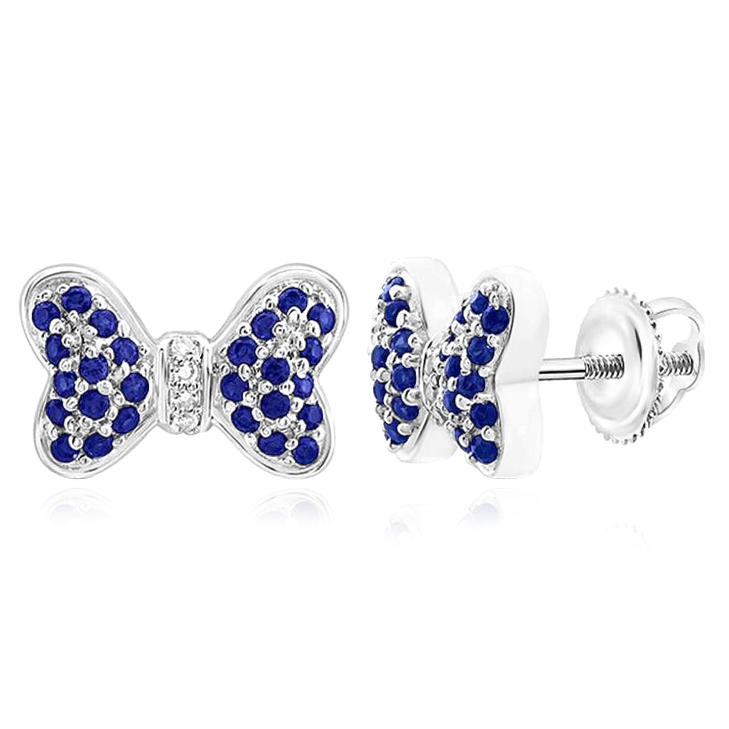 0.35CTW Real Diamond & Natural Blue, Pink Sapphire 14K Real Gold Bow Stud Earrings 7mm