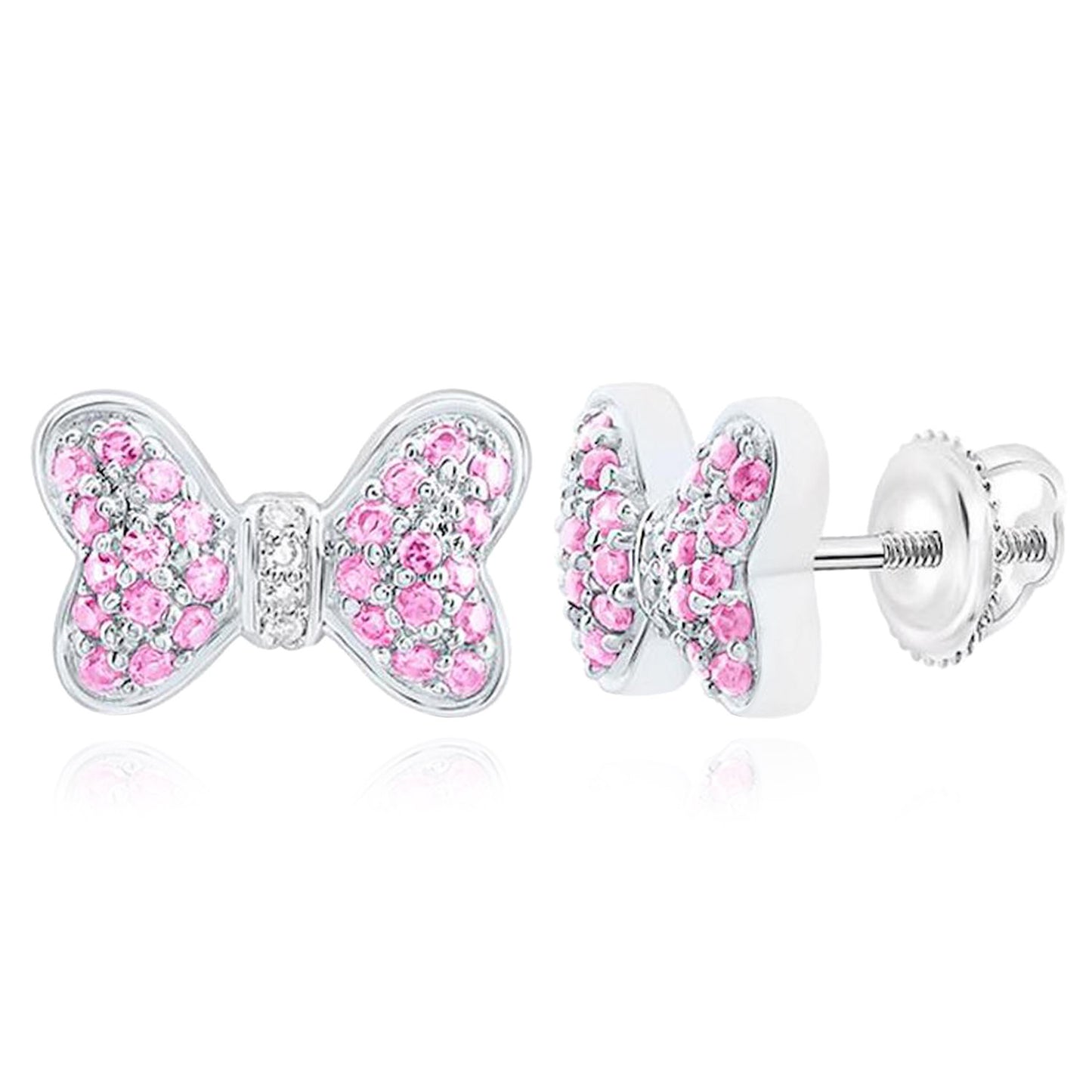 0.35CTW Real Diamond & Natural Blue, Pink Sapphire 14K Real Gold Bow Stud Earrings 7mm