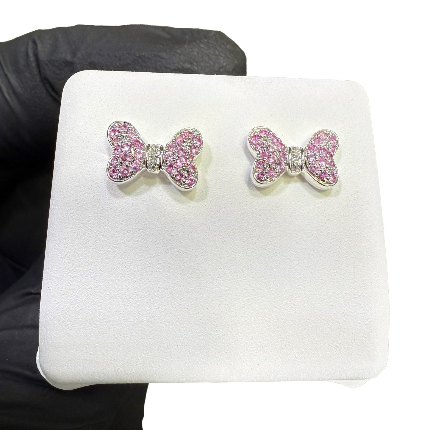 0.35CTW Real Diamond & Natural Blue, Pink Sapphire 14K Real Gold Bow Stud Earrings 7mm