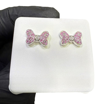0.35CTW Real Diamond & Natural Blue, Pink Sapphire 14K Real Gold Bow Stud Earrings 7mm