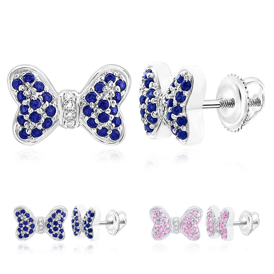 0.35CTW Real Diamond & Natural Blue, Pink Sapphire 14K Real Gold Bow Stud Earrings 7mm