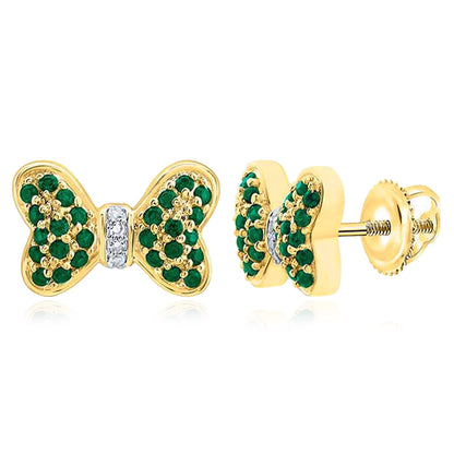 0.35CTW Real Diamond & Natural Ruby Emerald Sapphire 14K Gold Bow Stud Earrings 7mm