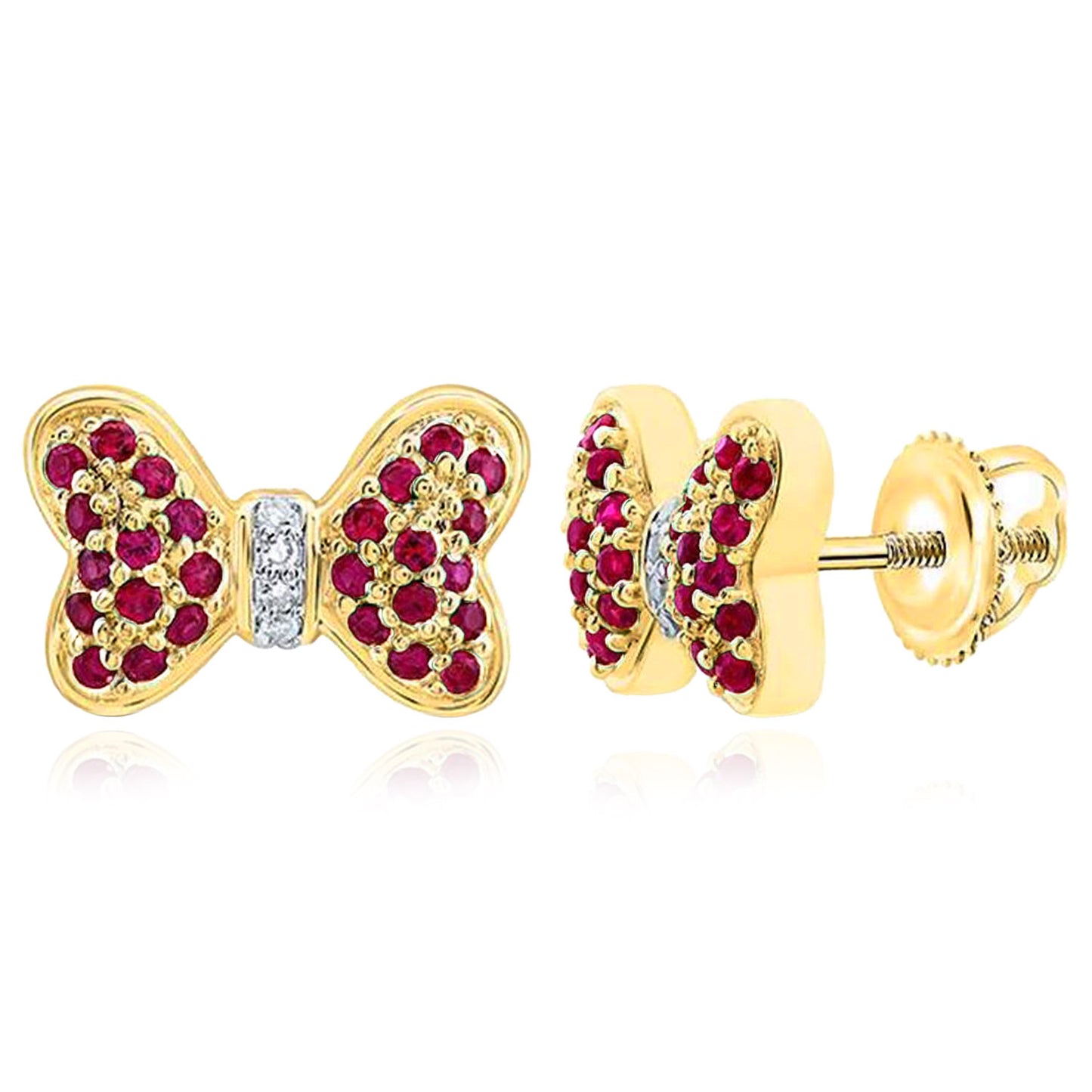 0.35CTW Real Diamond & Natural Ruby Emerald Sapphire 14K Gold Bow Stud Earrings 7mm