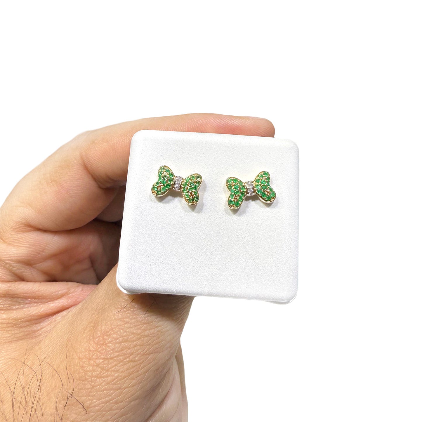 0.35CTW Real Diamond & Natural Ruby Emerald Sapphire 14K Gold Bow Stud Earrings 7mm