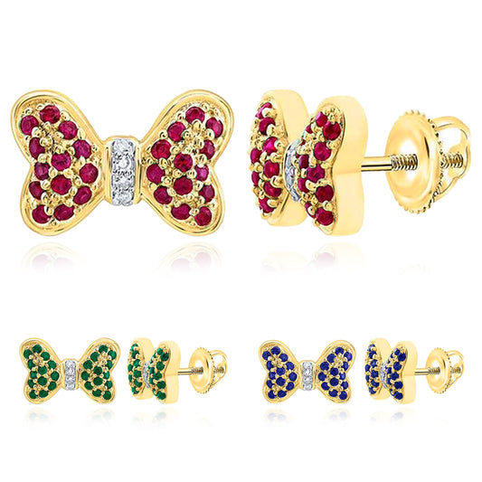 0.35CTW Real Diamond & Natural Ruby Emerald Sapphire 14K Gold Bow Stud Earrings 7mm