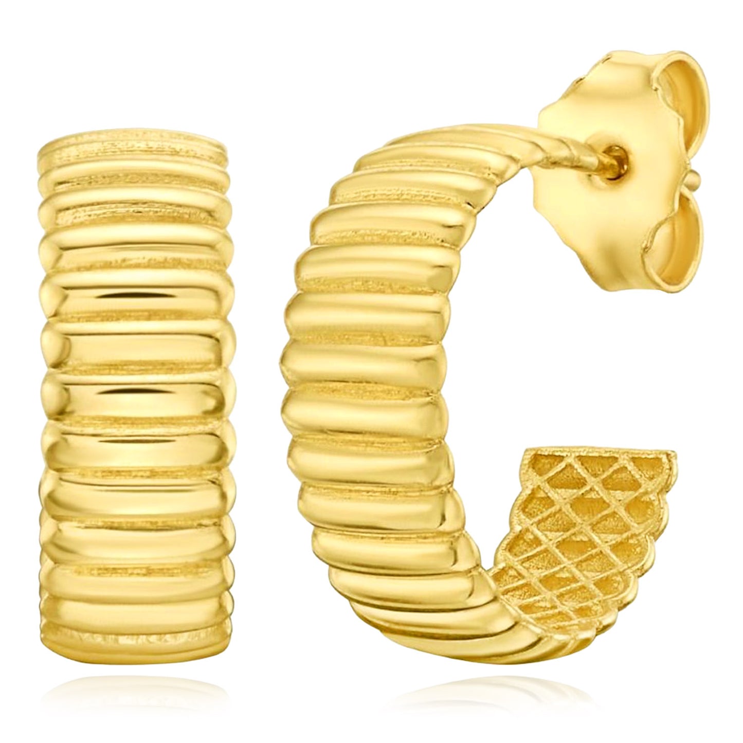 14K Real Gold Polished Ribbed Huggie C-Hoop Earrings 15mm