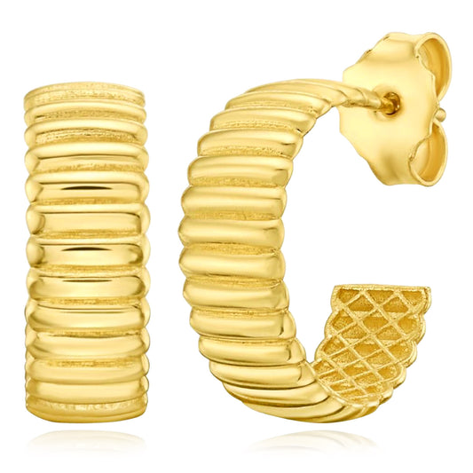 14K Real Gold Polished Ribbed Huggie C-Hoop Earrings 15mm