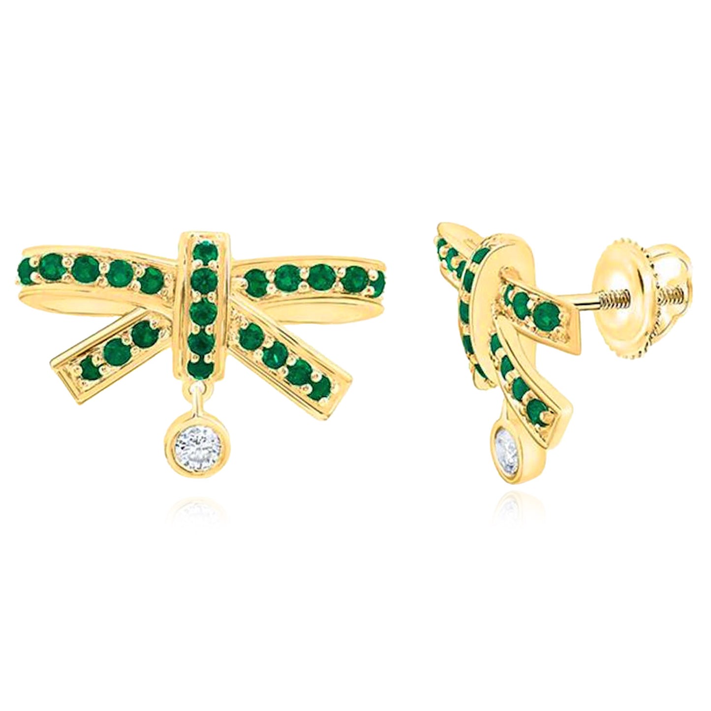 0.38CTW Real Diamond & Natural Ruby Emerald 14K Real Gold Bow Stud Earrings 11mm