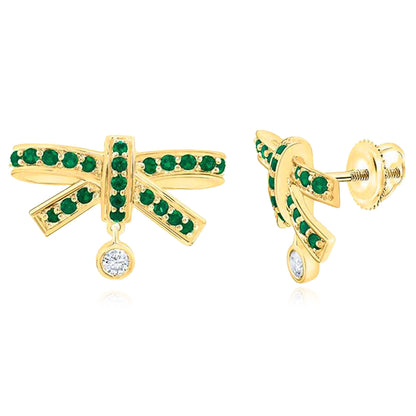 0.38CTW Real Diamond & Natural Ruby Emerald 14K Real Gold Bow Stud Earrings 11mm