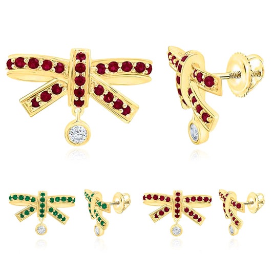 0.38CTW Real Diamond & Natural Ruby Emerald 14K Real Gold Bow Stud Earrings 11mm