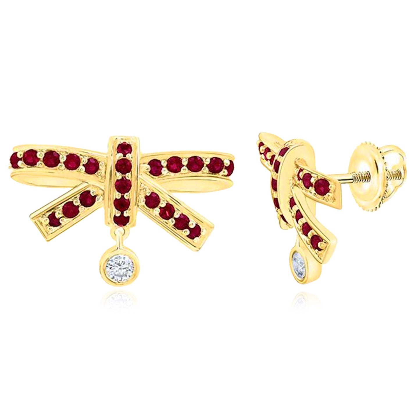 0.38CTW Real Diamond & Natural Ruby Emerald 14K Real Gold Bow Stud Earrings 11mm