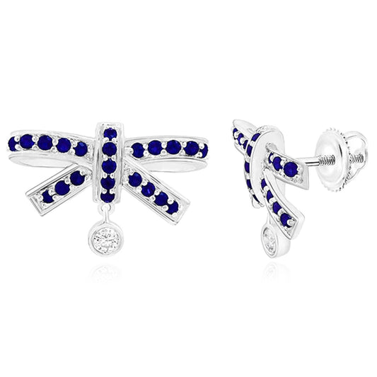 0.38CTW Real Diamond & Natural Sapphire 14K Real Gold Bow Stud Earrings 11mm