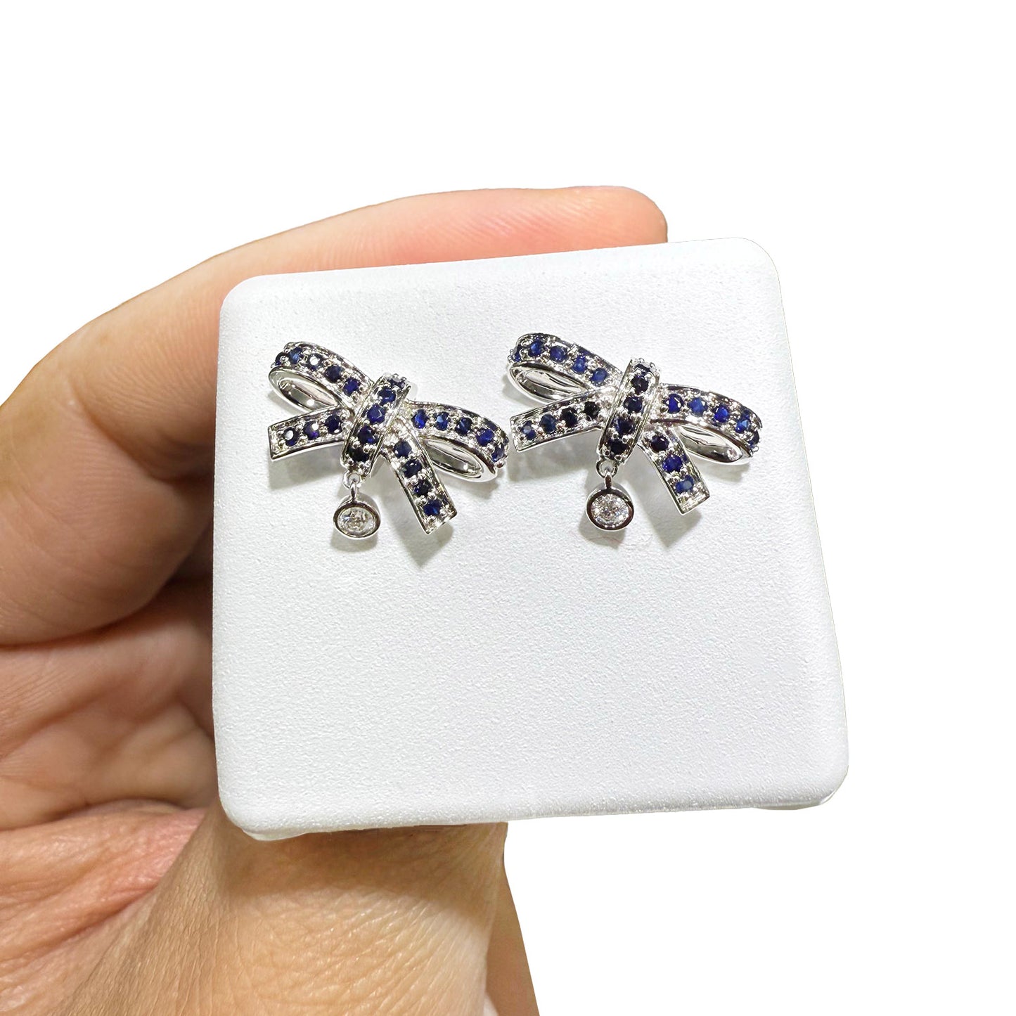 0.38CTW Real Diamond & Natural Sapphire 14K Real Gold Bow Stud Earrings 11mm