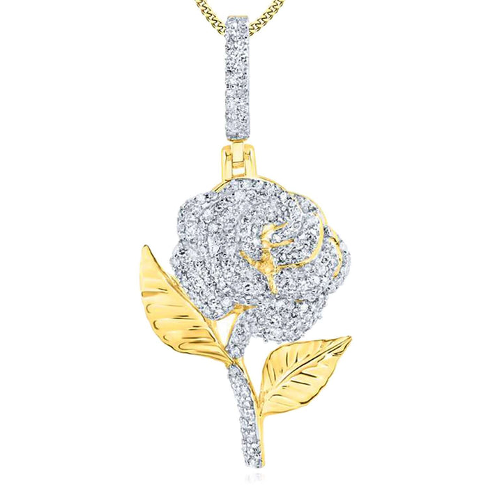 0.64TCW Natural Diamond 10K Yellow Gold Rose Flower Pendant 1" - WJD Exclusives