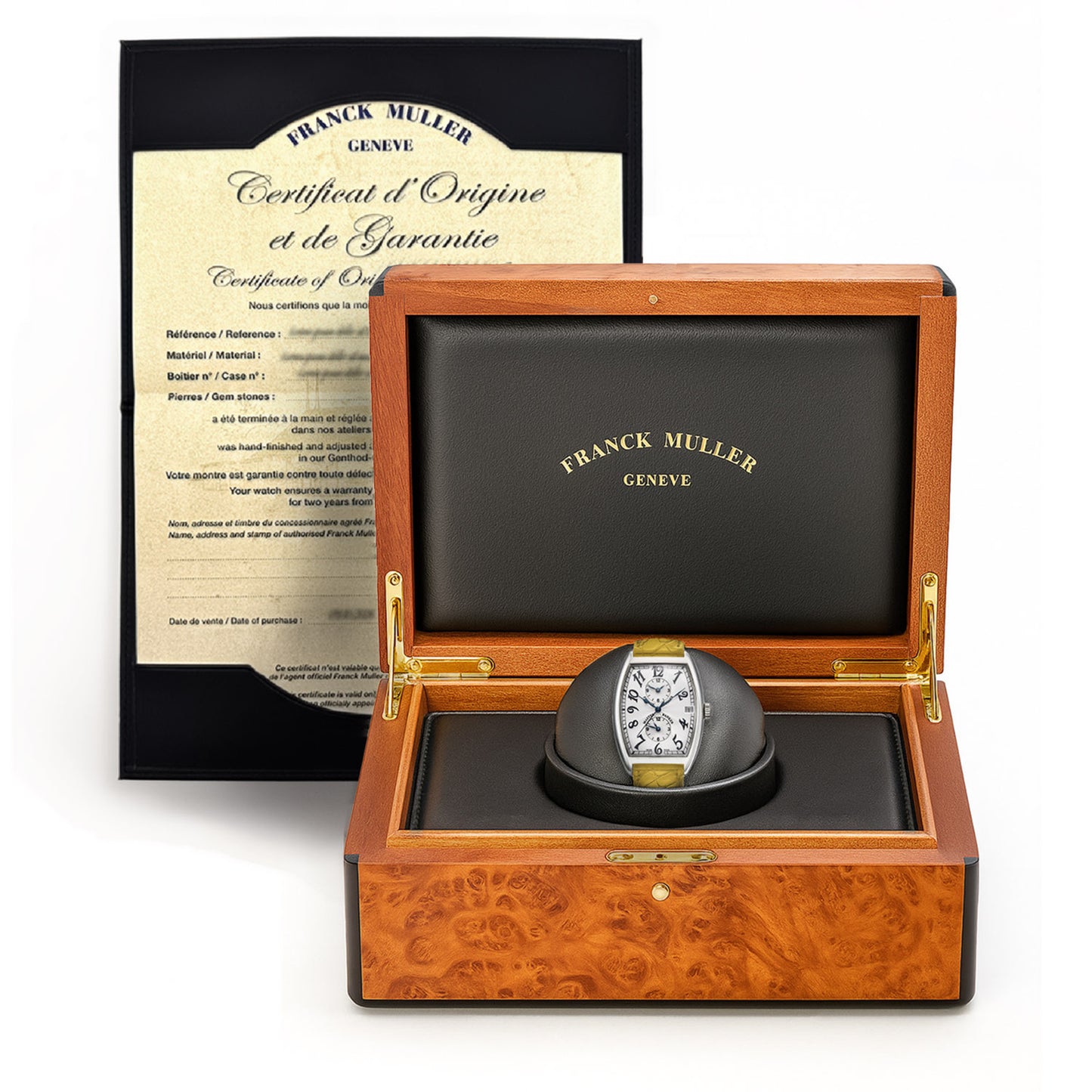 NEW Franck Muller Master Banker 2852 MB 18K Gold Arabic Dial Yellow Leather Strap Watch