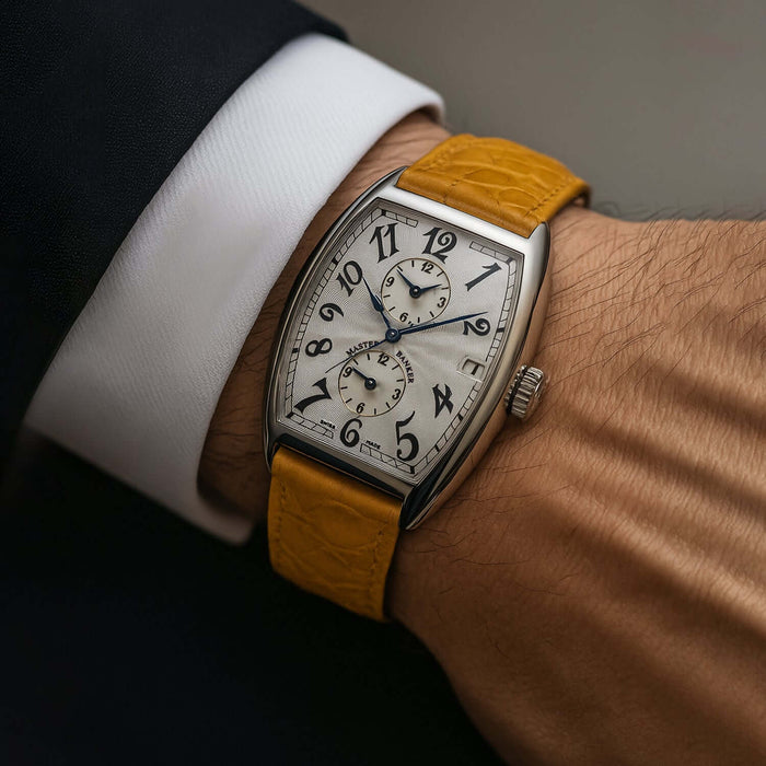 NEW Franck Muller Master Banker 2852 MB 18k Gold Arabic Dial Yellow Leather Strap Watch - WJD Exclusives