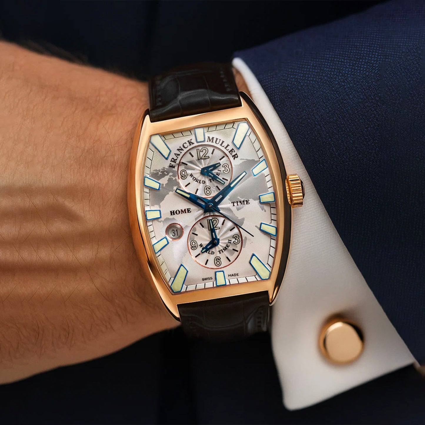 NEW Franck Muller Master Banker Stick Indexes Dial Black Leather Strap Watch