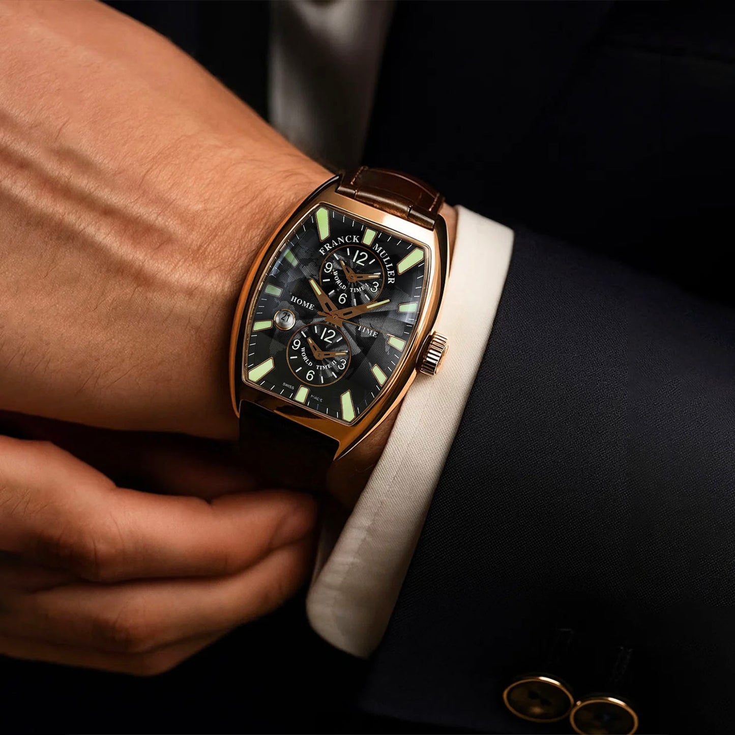 NEW Franck Muller Master Banker 18k Rose Gold Stick Indexes Dial Brown Leather Strap Watch