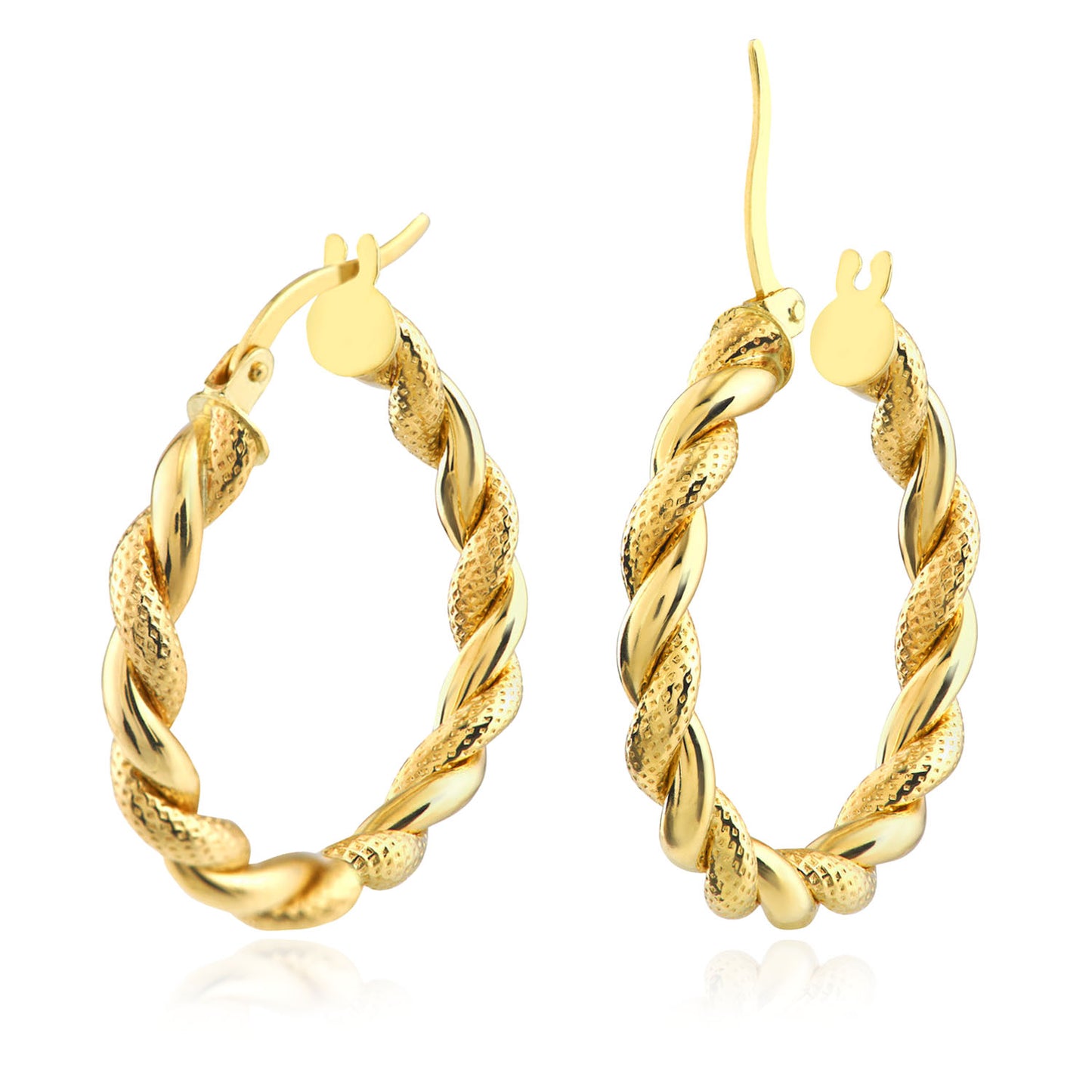 10K Yellow Gold Hollow Twist Pattern Round Hoop Earrings 20mm