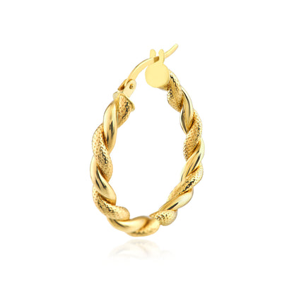 10K Yellow Gold Hollow Twist Pattern Round Hoop Earrings 20mm