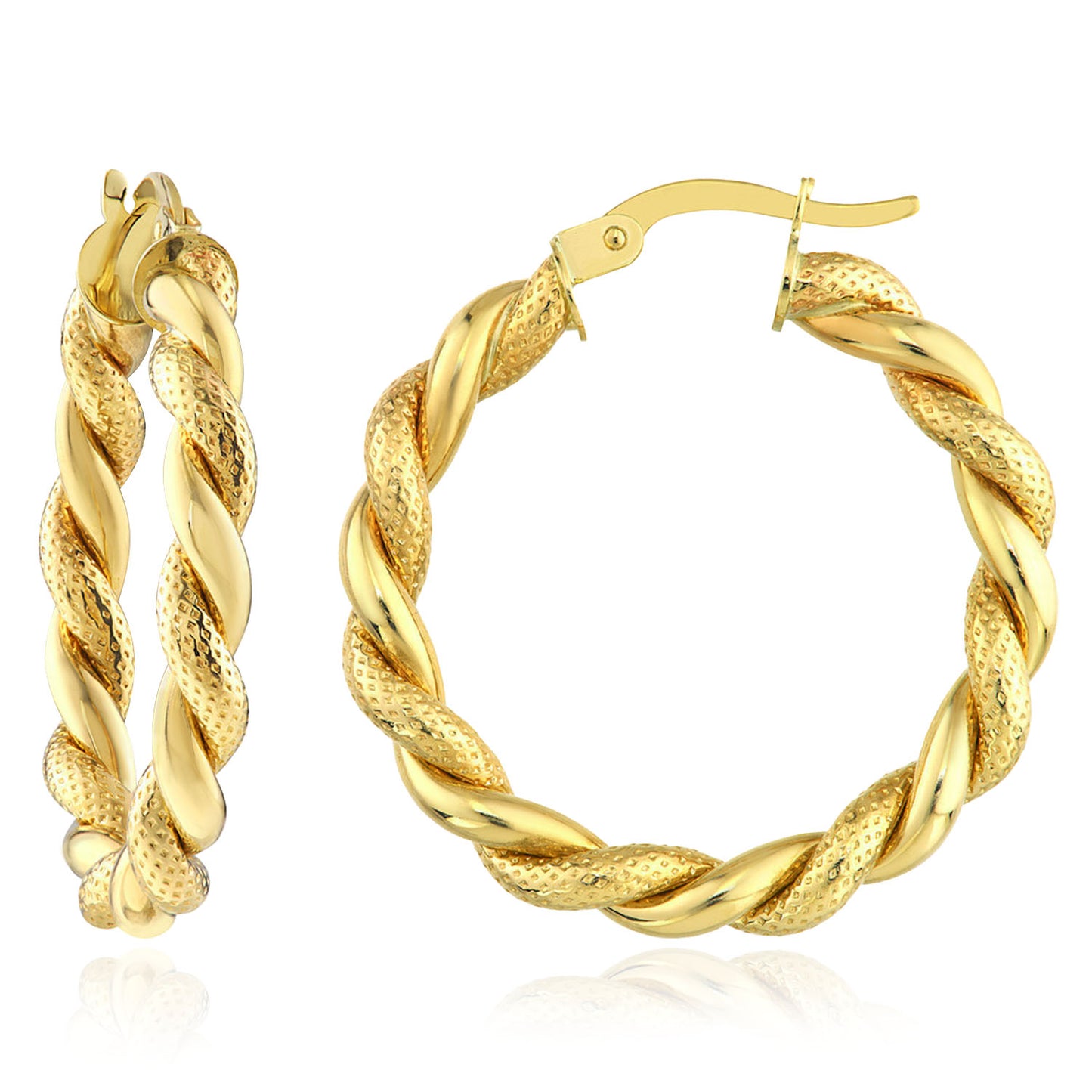 10K Yellow Gold Hollow Twist Pattern Round Hoop Earrings 20mm